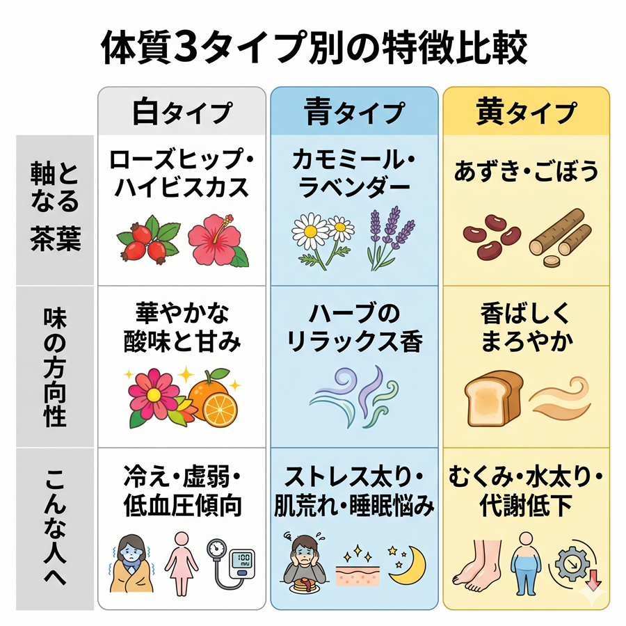 めぐりこまちの白・青・黄の3タイプの違いを比較。軸となる茶葉、味の方向性、向いている人の一覧表